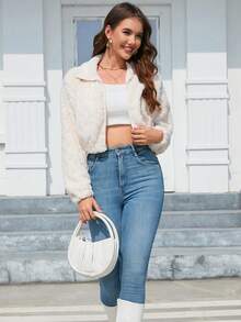 SHEIN Essnce 拉鍊前短款泰迪外套 - 白色 - 查看 3