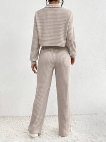 SHEIN Frenchy V領長袖t恤和褲子2入套裝 - 杏色 - 查看 2