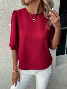 SHEIN Clasi Blusa unicolor de manga mariposa - Burdeos - Ver 4