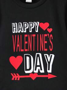 Young Boy Valentine's Day Love Slogan Print Round Neck T-Shirt - Black - View 5