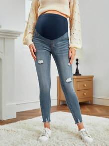 SHEIN Maternity Distressed Jeans With Waistband, Hole Design & Adjustable Waist - Dark Wash - View 4