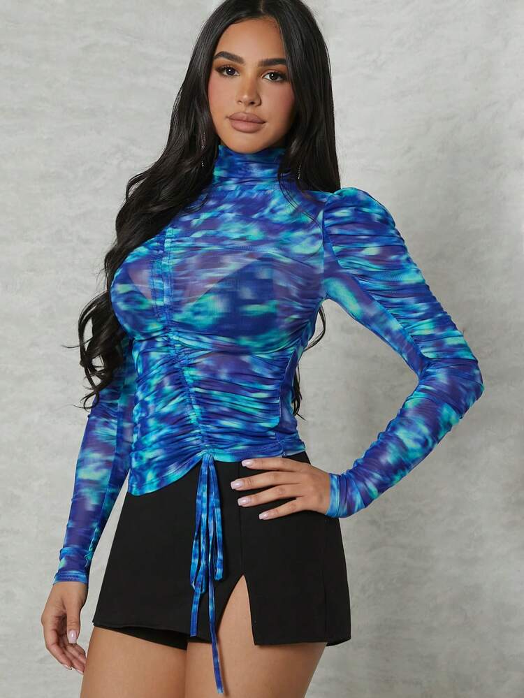 Print Drawstring Ruched Mock Neck Top