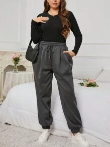 SHEIN EZwear 大尺碼純色彈性腰慢跑褲 - 灰色 - 查看 3