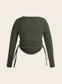 SHEIN EZwear Plus Notched Neck Drawstring Side Crop Tee - Army Green - View 2