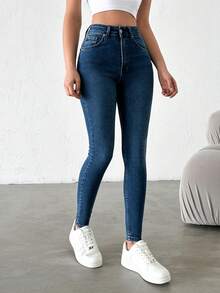 SHEIN Cottnline جينز ضيق نسائي - أزرق داكن - مشاهدة 4