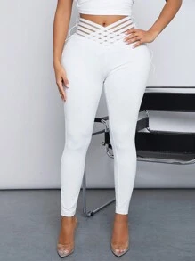 SHEIN SXY Women's Sexy Waisted Sheer Detail Leggings - White - View 4