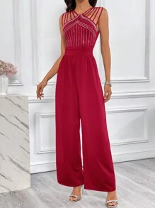 SHEIN Privé Women'S Rhinestone Decor Hollow Out Jumpsuit - Burgundy - View 4