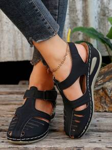 时尚轻便舒适休闲黑色沙滩风格钩环坡跟厚底女式凉鞋 - 黑色 - 查看 5