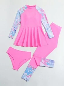 SHEIN Tween Girls' Marble Print Raglan Long Sleeve Top, Long Pants, Briefs Tankini Swimwear Set - Pink - View 5