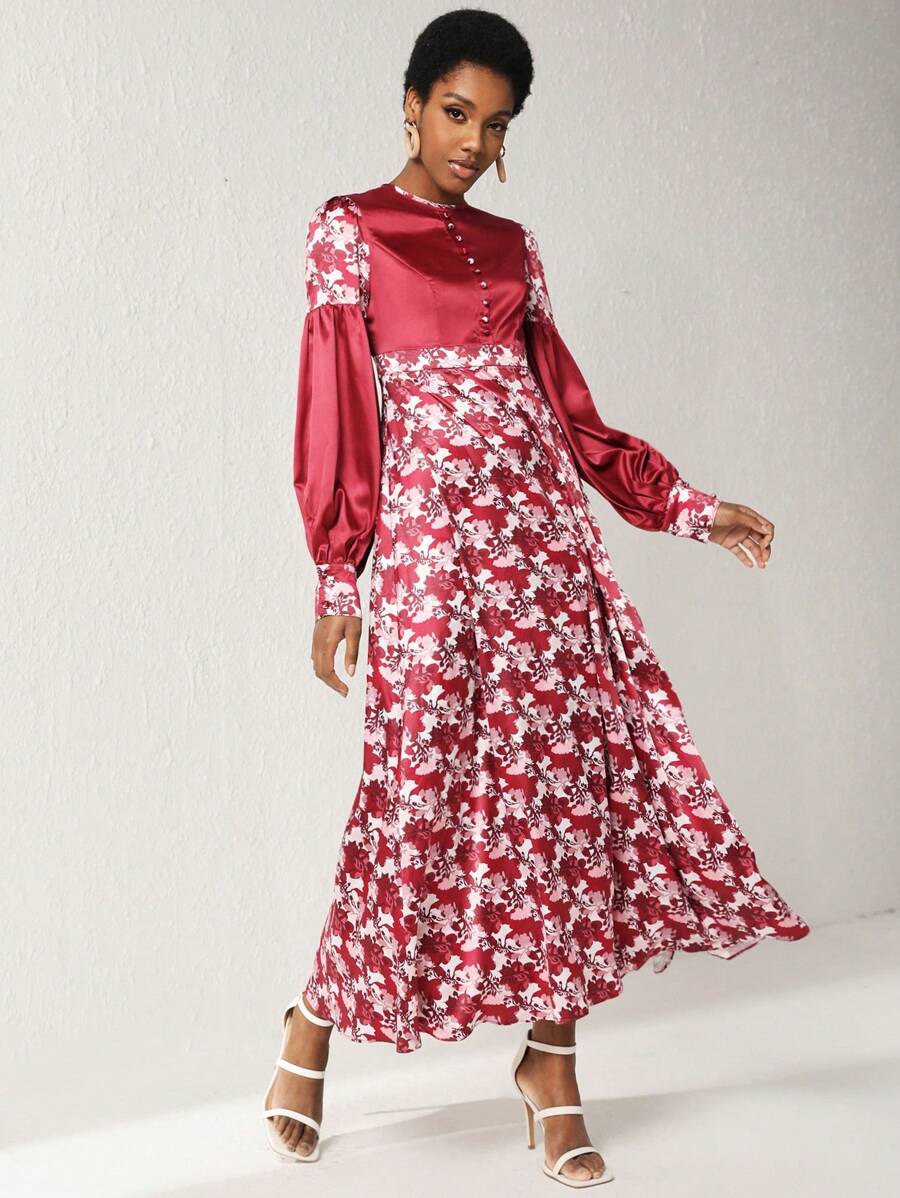 VIZLOOKS 设计师女士花卉印花灯笼袖优雅连衣裙，秋季除夕装，适合秋季、节日、派对 - 彩色 - 查看 1