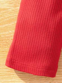 SHEIN Áo thun dệt kim màu trơn cổ đứng tay lửng dáng ôm thường ngày cho bé gái tuổi mới lớn - Đỏ - Xem 3