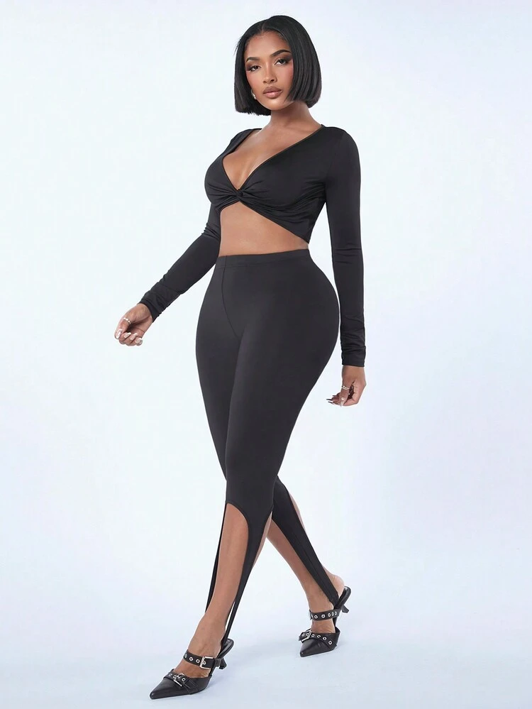 Women'S Cropped Twist Front Top And Capri Leggings Two Piece Set