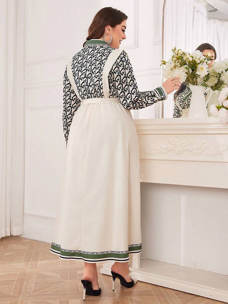 Plus Size Colorblock Geometric Panel Long Sleeve Belted Two-In-One Dress