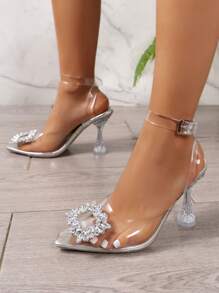 Women's Rhinestone Decor Clear High Heel Sandals, Elegant Pointed Toe Crystal Transparent High Heels 9cm For Parties, Women's Summer Closed Toe Silver Clear Heel Sandals, Clubwear,Elegant,Party - Clear - View 4