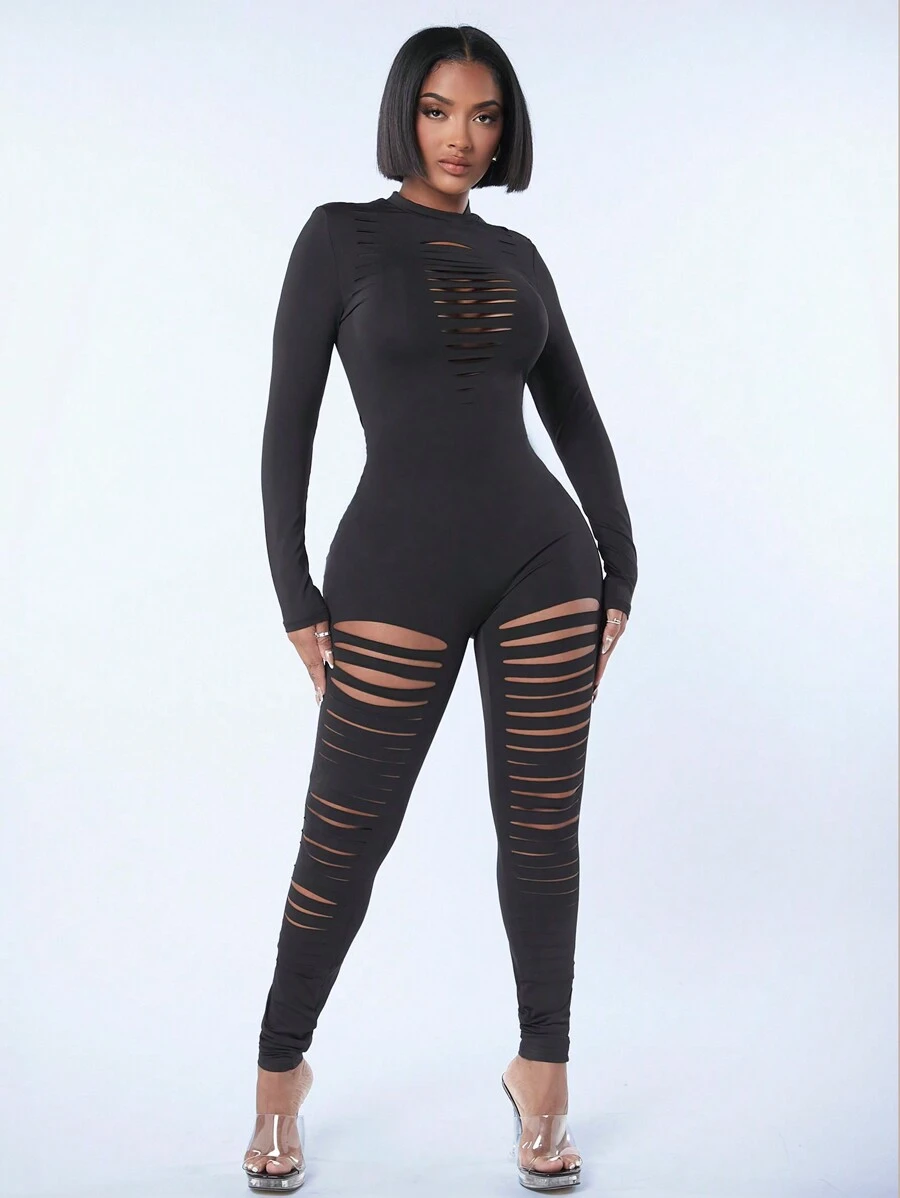 SHEIN SXY 女式性感鏤空長袖黑色緊身衣連身褲 - 黑色 - 查看 1