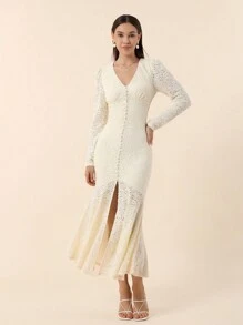 SHEIN Privé 女士杏色毛絨面料蕾絲腰身修身人魚裙風格長袖連衣裙 - 杏色 - 查看 6