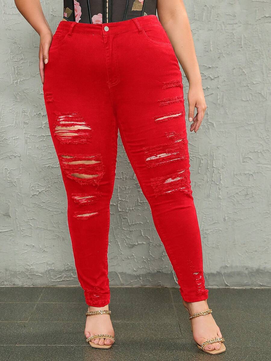Quần legging bó rách cạp cao cho nữ cỡ lớn - Đỏ - Xem 1