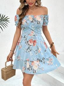 SHEIN VCAY 女士短袖花卉印花洋裝 - 藍色 - 查看 4