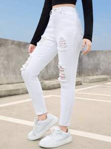 SHEIN Teenage Girls' Solid Color Ripped Jeans - White - View 6