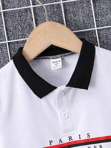 SHEIN Toddler Boys' Short Sleeve Black & Red Polo Shirt With English Print For Summer - White - View 3