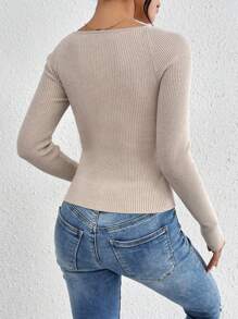 SHEIN Frenchy Suéter de mujer de cuello corazón de unicolor - Albaricoque - Ver 2