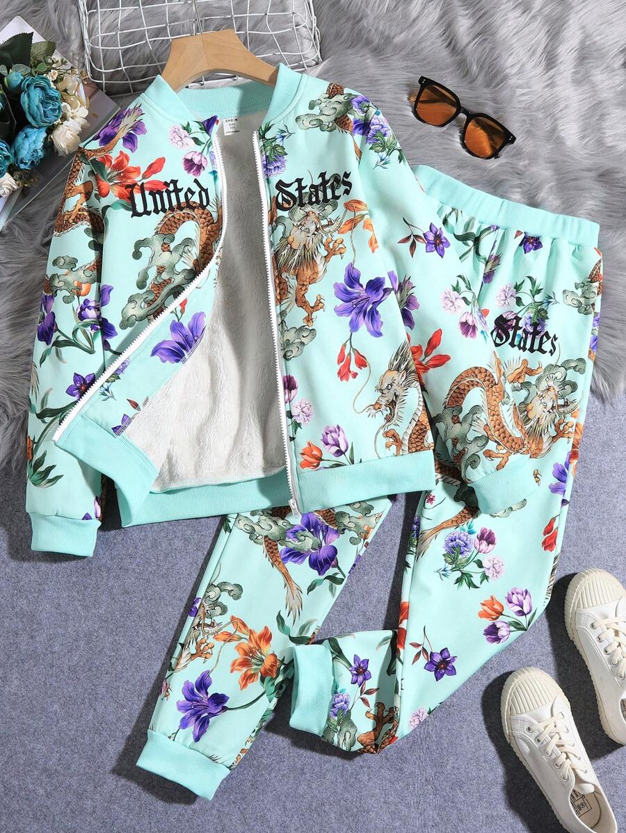 SHEIN Tween 女童龙刺绣保暖内衬棒球夹克和裤子套装 - 綠色 - 查看 1