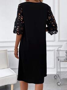 SHEIN Clasi Women'S Solid Color Hollow Out Sleeve Dress - Black - View 2