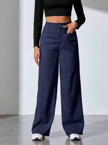 SHEIN Tall 女士純色直筒褲 - 藏蓝色 - 查看 1