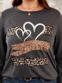 SHEIN LUNE 大尺寸心形和豹紋圖案長袖t恤 - 灰色 - 查看 5