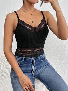 SHEIN Frenchy 女式鉤花拼接空心背心上衣 - 黑色 - 查看 5