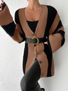 EURMUSE Color-Contrast Stripe Pattern Cardigan Without Belt - Camel - View 4