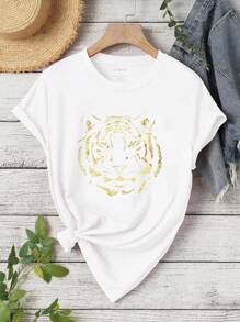 SHEIN LUNE 女士老虎燙金印花短袖t恤 - 白色 - 查看 4