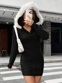 SHEIN EZwear Women'S Hooded Splicing Sweater Dress - Black - View 5