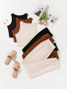 SHEIN Essnce Màu thuần Áo ba lỗ Và Dài Quần Hai chiếc Bộ - Nhiều màu - Xem 1