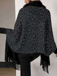 SHEIN LUNE 女款豹紋拼接開衫毛衣,開襟設計 - 黑色 - 查看 2