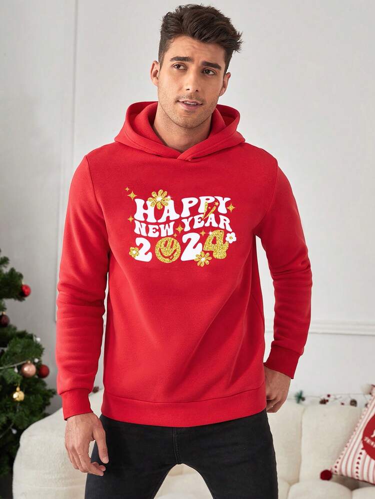 Men's Loose Fit Hooded Long Sleeve Casual Sweatshirt With Text Printed, Fall/Winter