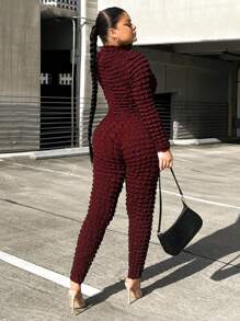 SHEIN SXY 女士紋理織物高領緊身連身褲 - 酒紅色 - 查看 2