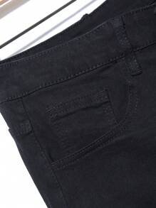 Manfinity Homme 男式棉质破洞磨边紧身纯色修身长款纯色黑色深色洗水牛仔裤洗水工装牛仔裤，适合送给老公、男朋友的礼物 - 黑色 - 查看 6