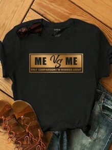 INAWLY 女款標語印花短袖t恤 - 黑色 - 查看 1