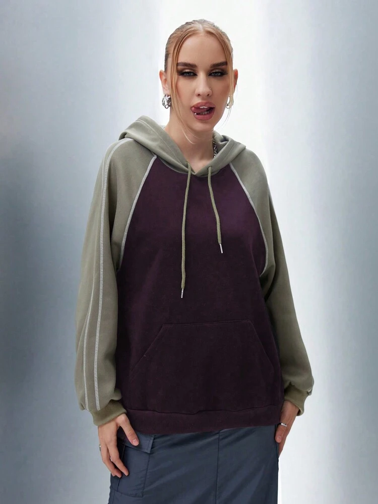 Women Casual Color-Block Raglan Sleeve Hoodie With Thermal Lined Pullover Fall Sweatshirt