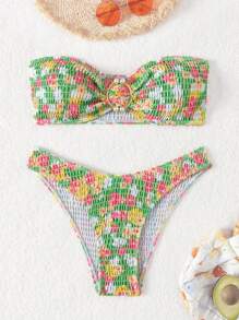 SHEIN Swim 夏季花卉印花吊带分体比基尼套装，随机印花 - 彩色 - 查看 6