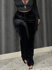 Slaydiva Kích thước lớn Của phụ nữ Xếp li Eo dây rút Quần thể thao - màu đen - Xem 6