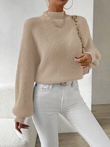 SHEIN Essnce 女款立領插肩袖長袖毛衣套頭衫 - 杏色 - 查看 3