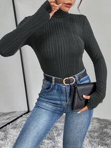 SHEIN Essnce Women's High Neck Ribbed Long Sleeve T-Shirt - Dark Grey - View 5