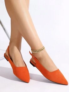 Ladies' Simple Style Faux Suede Pointed Toe Backless Mules With Open Back & Low Block Heel - Orange - View 3