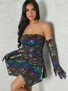 SHEIN Unity Holographic Tube Dress With Gloves - Multicolor - View 5