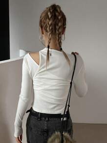 DAZY Women's Solid Color Asymmetric Neck Cropped T-Shirt Long Sleeve Women Tops