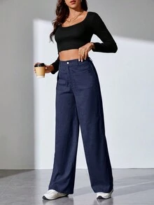 SHEIN Tall 女士純色直筒褲 - 藏蓝色 - 查看 5