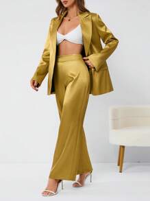 GENKIRA 女用緞面長袖西裝套裝 - 金色 - 查看 1