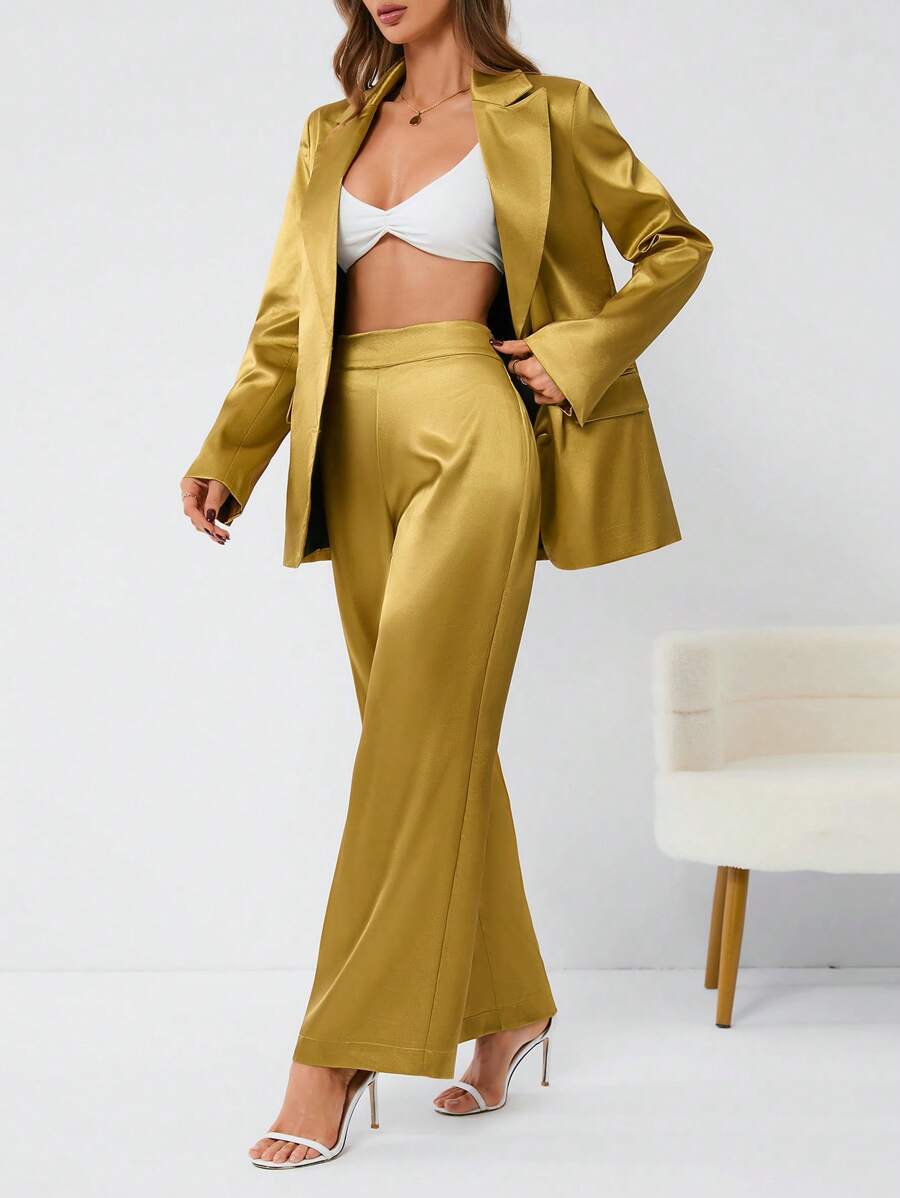 GENKIRA 女用緞面長袖西裝套裝 - 金色 - 查看 1